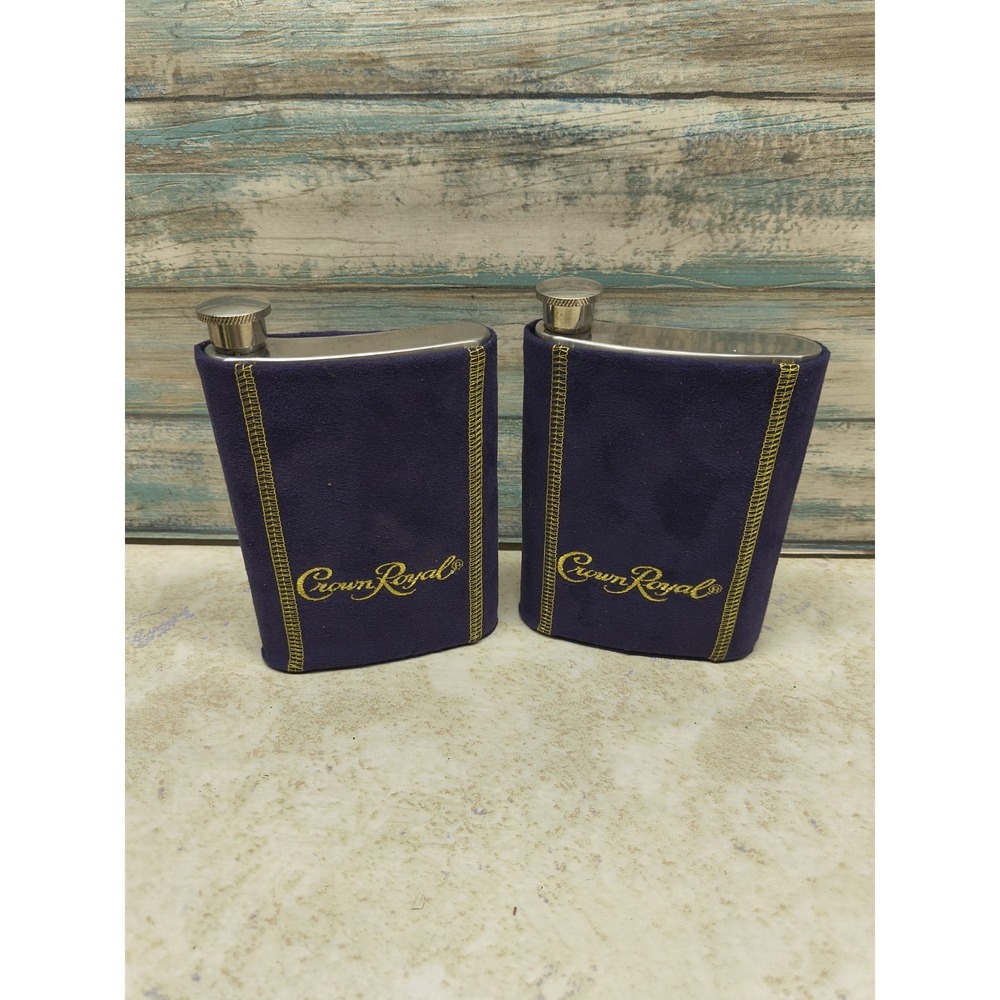 Lot Of 2Crown Royal Whiskey Flask 8oz Stainless Steel Hip Purple Suede Slipcover